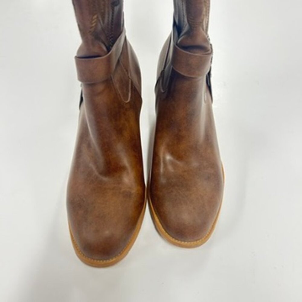 Brown Western Cowboy Boots Size‎ 39.5 / 9.5 Harness Mid Calf Stacked Heel - Picture 7 of 8